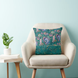 Underwater Teal Luxe Green Pastel Gold Seashells Cushion