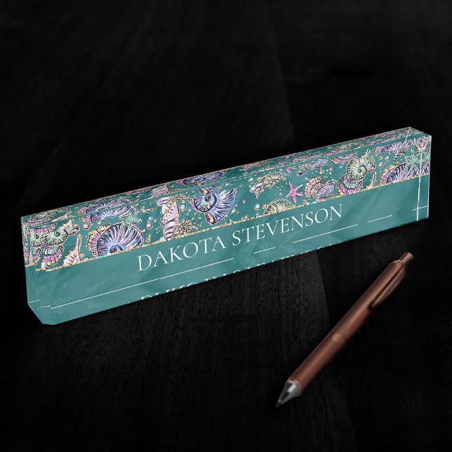 Underwater Teal Luxe | Green Pastel Gold Seashells Nameplate (Creator Uploaded)