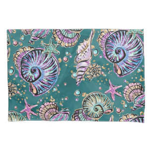 Underwater Teal Luxe   Green Pastel Gold Seashells Pillowcase