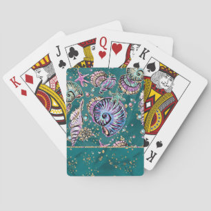 Underwater Teal Luxe Green Pastel Gold Seashells Playing Cards