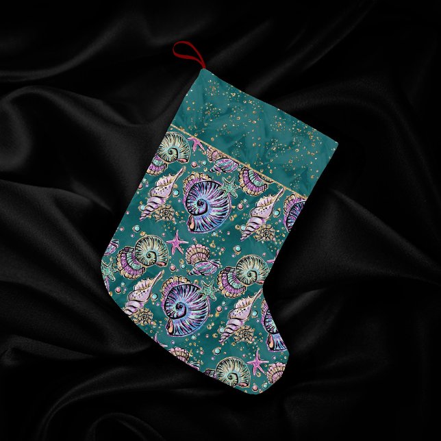 Underwater Teal Luxe | Green Pastel Gold Seashells Small Christmas Stocking (Creator Uploaded)