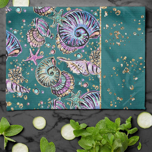 Underwater Teal Luxe Green Pastel Gold Seashells Tea Towel