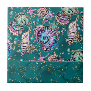 Underwater Teal Luxe   Green Pastel Gold Seashells Tile