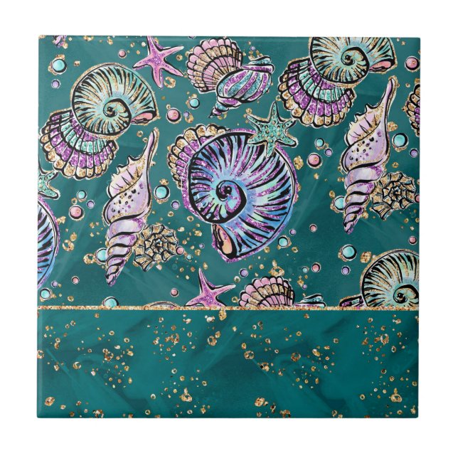 Underwater Teal Luxe | Green Pastel Gold Seashells Tile (Front)