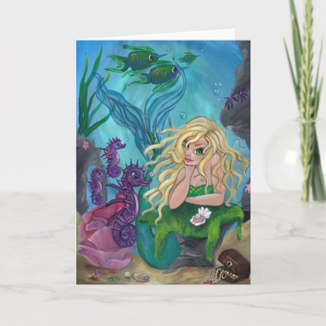 "Underwater Treasures" mermaid blank greeting card (Front)