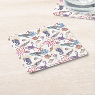 Underwater Watercolor Composition Series Design 1  Square Paper Coaster
