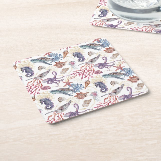 Underwater Watercolor Composition Series Design 1  Square Paper Coaster (Angled)