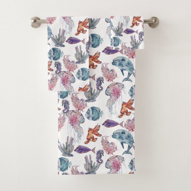 Underwater Watercolor Composition Series Design 2  Bath Towel Set (Insitu)