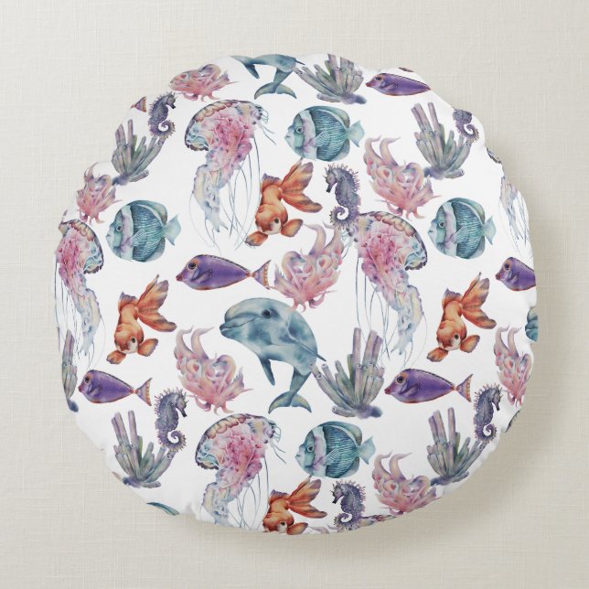 Underwater Watercolor Composition Series Design 2  Round Cushion (Front)