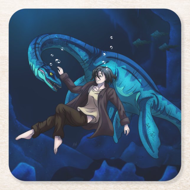 Underwater with a Plesiosaurus Square Paper Coaster (Front)