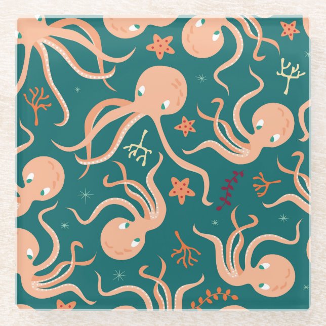 Underwater Wonders: Octopus Starfish Dance Glass Coaster (Front)