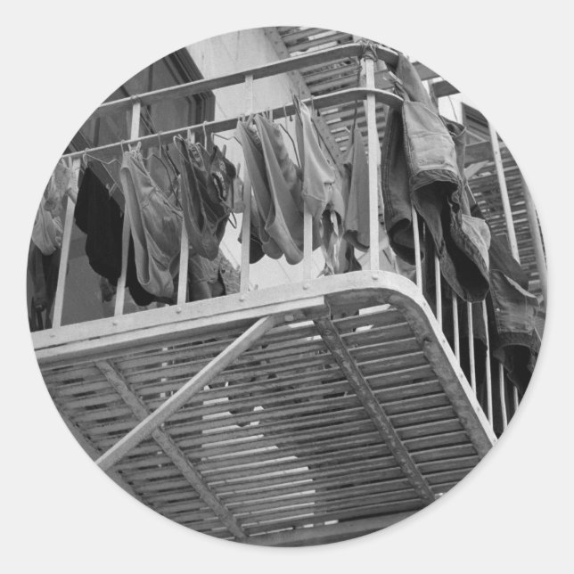 Underwear Out To Dry Humour Black and White Photo Classic Round Sticker (Front)
