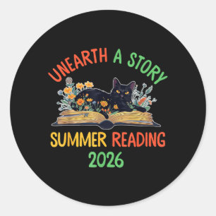 Unearth A Story Summer Reading 2026 Cat Book Classic Round Sticker