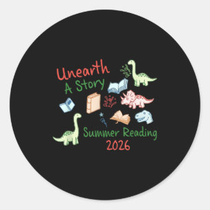 Unearth a story summer reading 2026 cute dinosaur classic round sticker