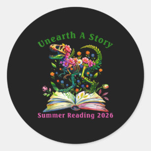 Unearth a story summer reading 2026 dinosaur book classic round sticker