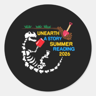 Unearth a Story T-Rex Reading a Book Summer Classic Round Sticker
