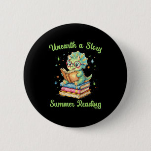 Unearth a story triceratops dinosaur reading books 6 cm round badge