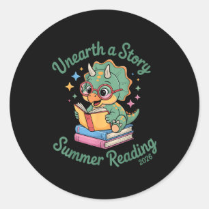 Unearth a story triceratops dinosaur reading books classic round sticker
