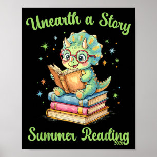 Unearth a story triceratops dinosaur reading books poster