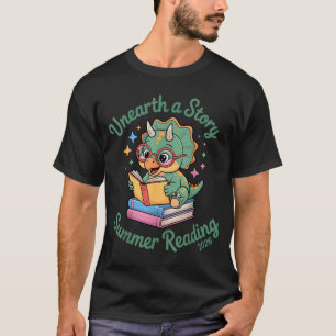 Unearth a story triceratops dinosaur reading books T-Shirt