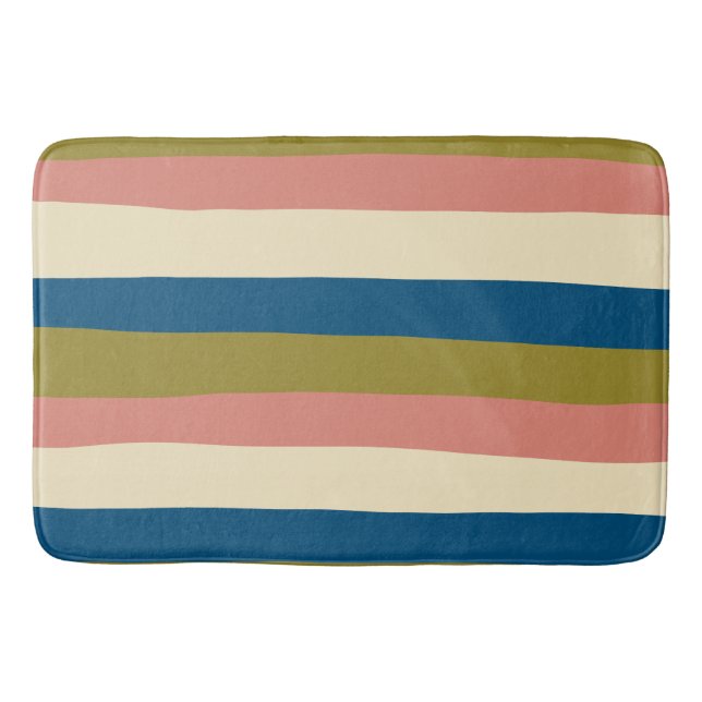 Uneven Stripes - Blue, Olive Green, Pink and Cream Bath Mat (Front)