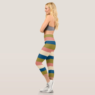 Uneven Stripes - Blue, Olive Green, Pink and Cream Capri Leggings