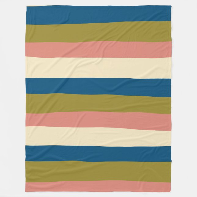 Uneven Stripes - Blue, Olive Green, Pink and Cream Fleece Blanket (Front)
