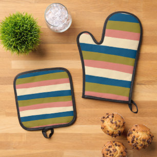 Uneven Stripes - Blue, Olive Green, Pink and Cream Oven Mitt & Pot Holder Set