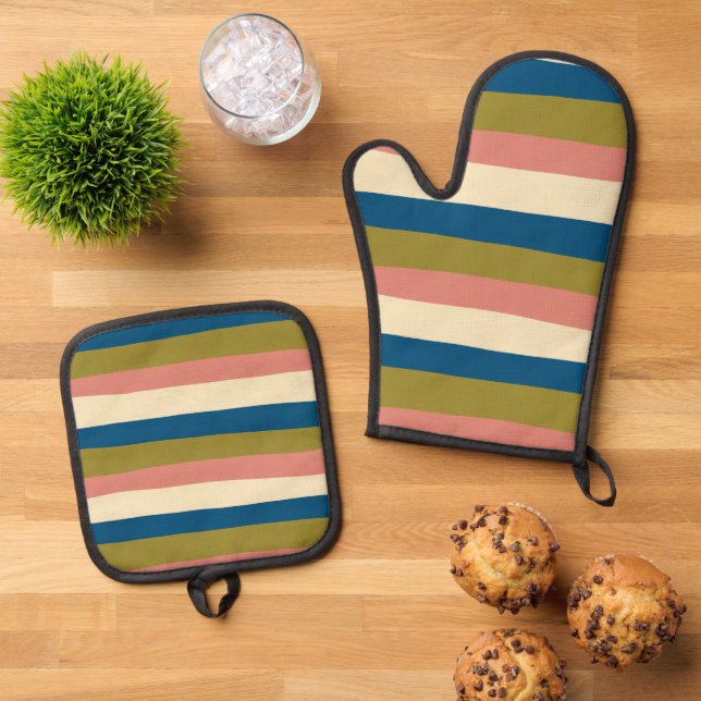 Uneven Stripes - Blue, Olive Green, Pink and Cream Oven Mitt & Pot Holder Set (Top Down)