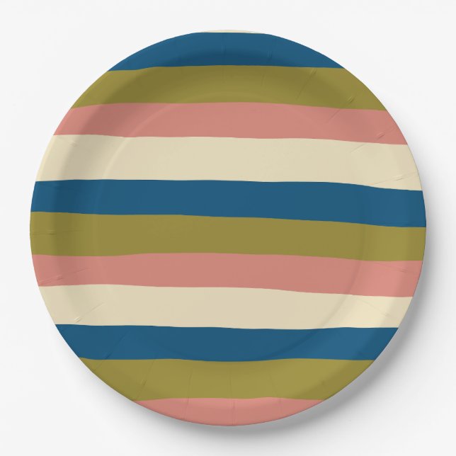 Uneven Stripes - Blue, Olive Green, Pink and Cream Paper Plate (Front)