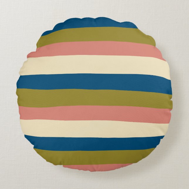 Uneven Stripes - Blue, Olive Green, Pink and Cream Round Cushion (Front)
