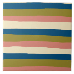 Uneven Stripes - Blue, Olive Green, Pink and Cream Tile