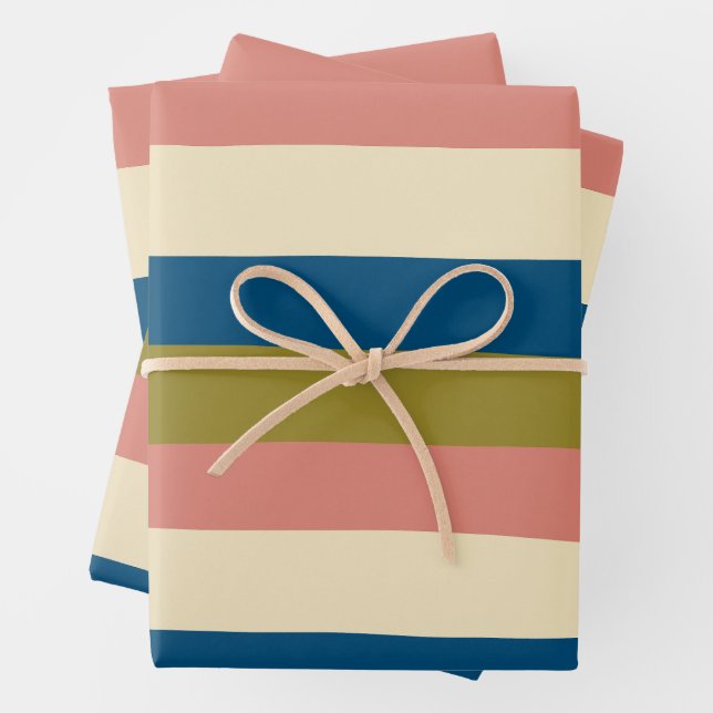 Uneven Stripes - Blue, Olive Green, Pink and Cream Wrapping Paper Sheet (In situ)