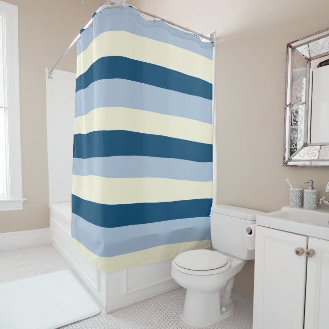 Uneven Stripes - Dark Blue, Light Blue and Cream Shower Curtain (In Situ)