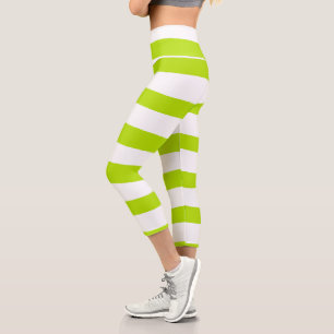 Uneven Stripes in Lime Green and White Capri Leggings