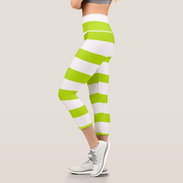 Uneven Stripes in Lime Green and White Capri Leggings (Left)