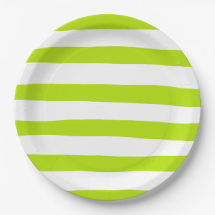 Uneven Stripes in Lime Green and White Paper Plate
