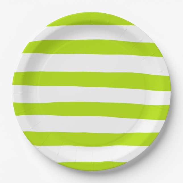Uneven Stripes in Lime Green and White Paper Plate (Front)