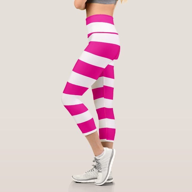 Uneven Stripes in Magenta and White  Capri Leggings (Left)