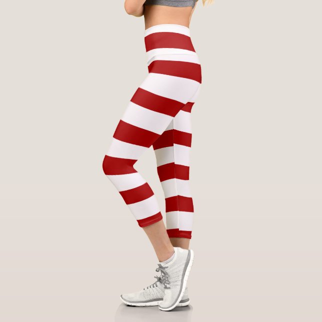 Uneven Stripes in Red and White Capri Leggings (Left)