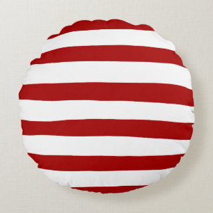 Uneven Stripes in Red and White Round Cushion