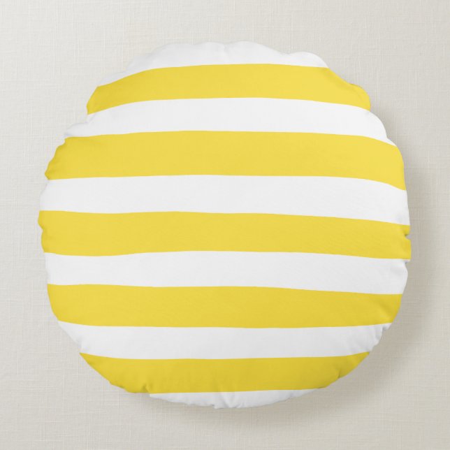 Uneven Stripes - Lemon Yellow and White Round Cushion (Front)