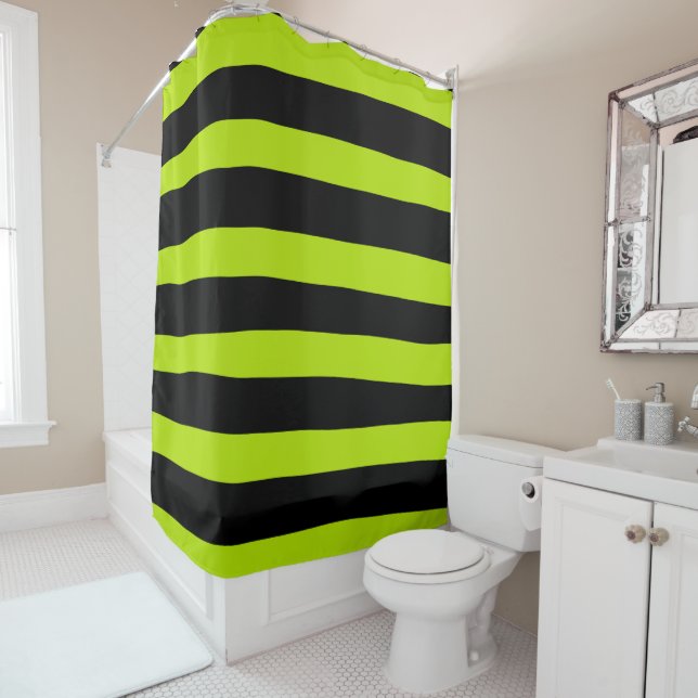 Uneven Stripes - Lime Green and Black Shower Curtain (In Situ)