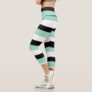 Uneven Stripes - Mint Green, White and Black Capri Leggings