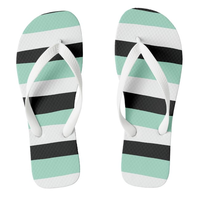 Uneven Stripes - Mint Green, White and Black Flip Flops (Footbed)