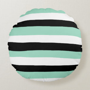 Uneven Stripes - Mint Green, White and Black Round Cushion