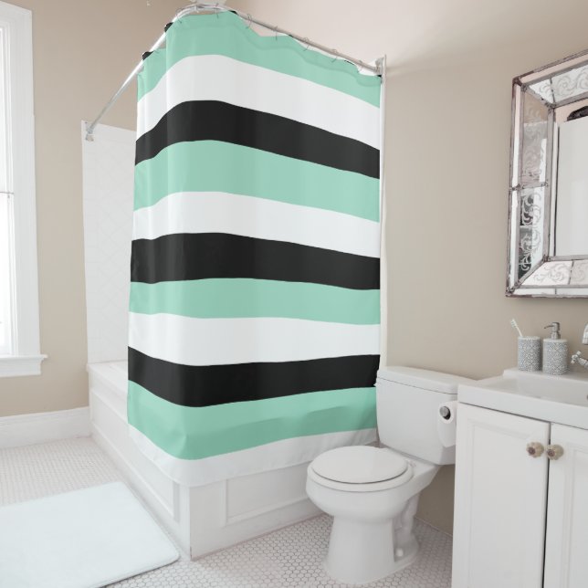 Uneven Stripes - Mint Green, White and Black Shower Curtain (In Situ)