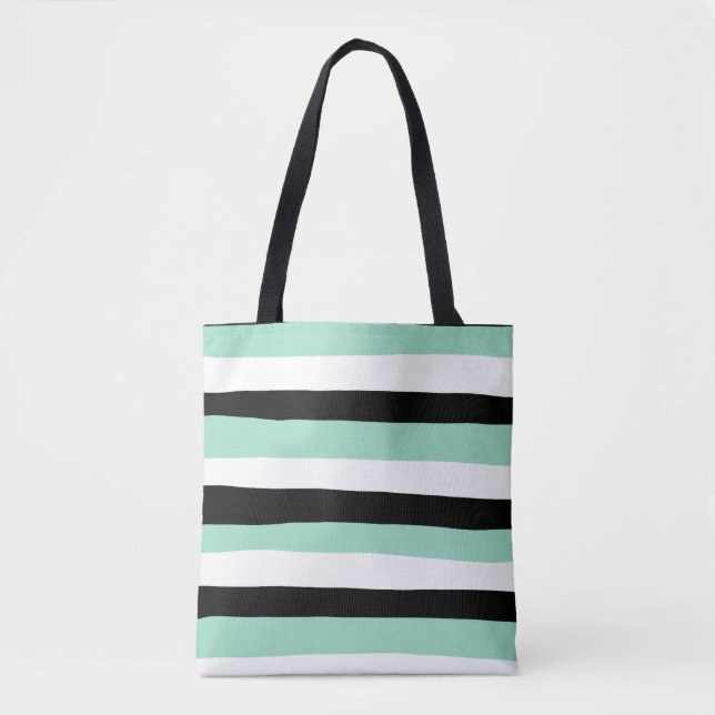 Uneven Stripes - Mint Green, White and Black Tote Bag (Front)