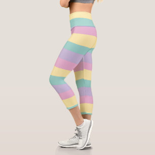 Uneven Stripes-Pastel Pink, Yellow, Purple & Green Capri Leggings