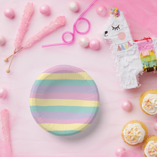 Uneven Stripes-Pastel Pink, Yellow, Purple & Green Paper Plate (Party)
